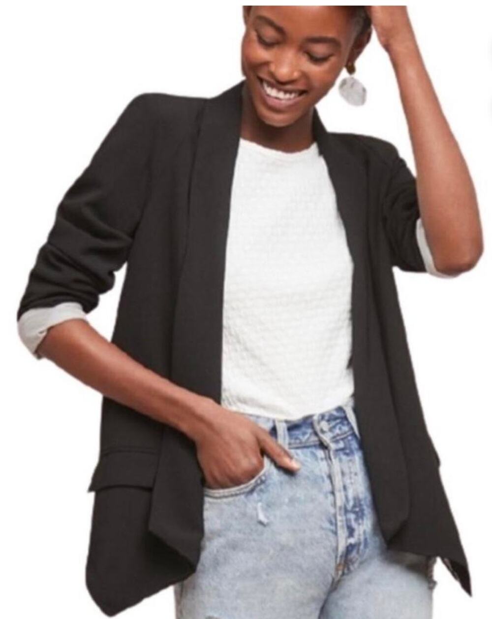 Anthropologie Cartonnier Open Front Cascade Blazer Jacket Black XS